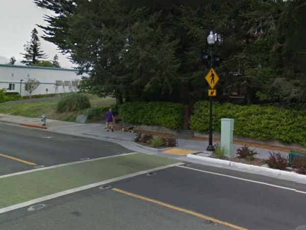 A reader is concerned that the light green electrical box might obscure a pedestrian at the crosswalk on North Main Street at Keating Avenue in Sebastopol, as shown in this photo from Google Street View. Click to enlarge..