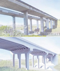 The old Petaluma River Bridge and a rendering of the new 907-foot-long six-lane span. (Illustration by Loren Doppenberg / For the Press Democrat / Caltrans image)