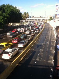 Cars waiting at the U.S./Mexico border.